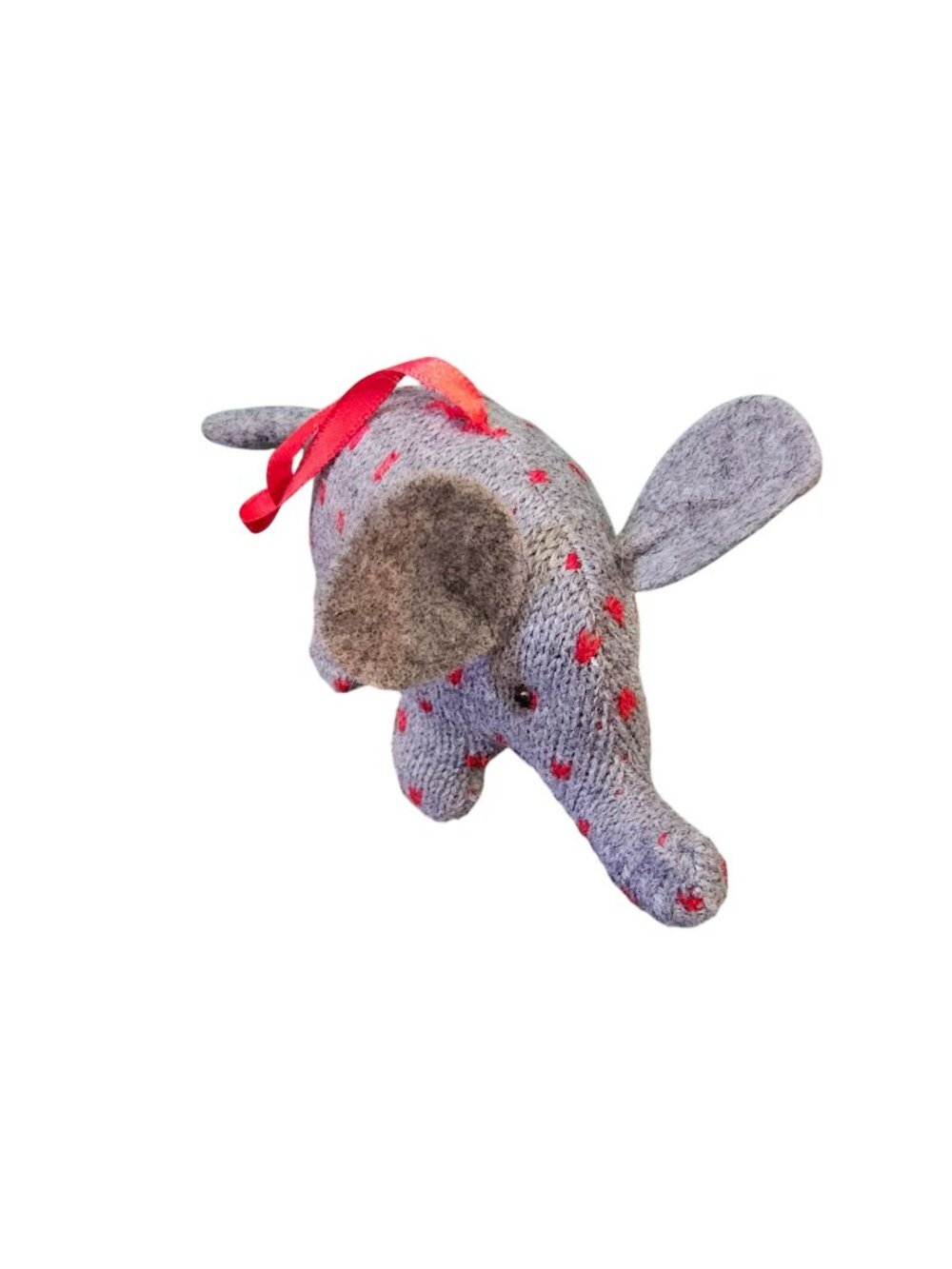 Handmade Knit Elephant Plush Ornament With Red Polka Dots & Ribbon Loop